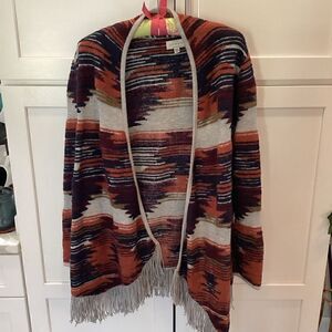 Lucky Brand Open Front Cardigan Sweater Sz M Aztec Southwestern Fringe